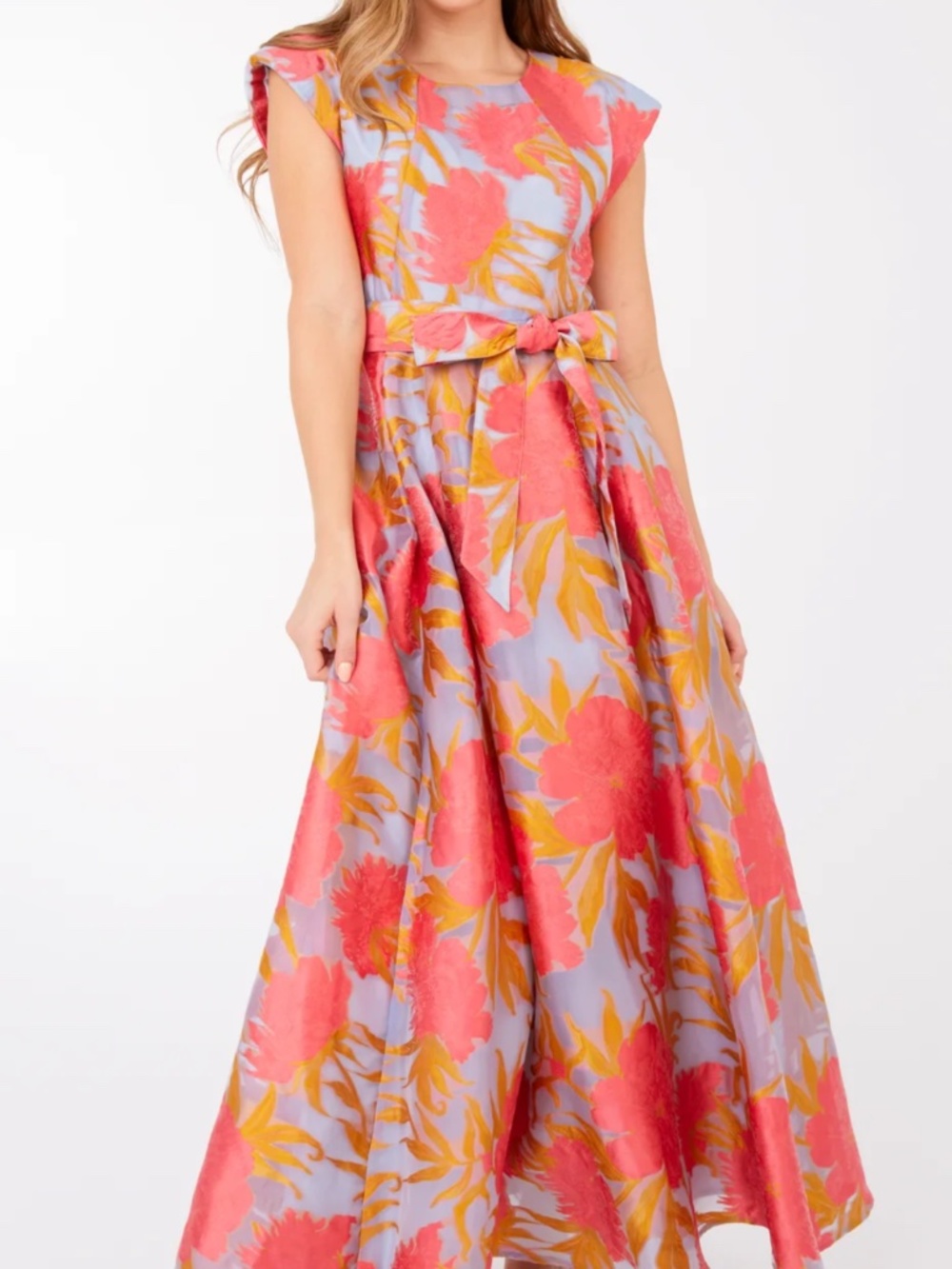 Abbey Glass Olivia Gown Hot Coral Pansy vine Organza